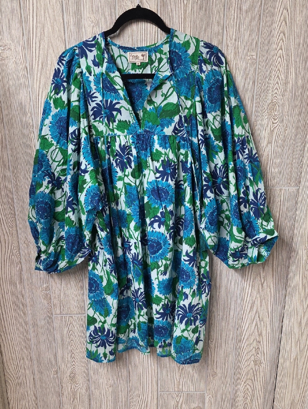 Mille Blue & Green Floral Daisy Style Billowy Mini Dress - Womens Size Medium